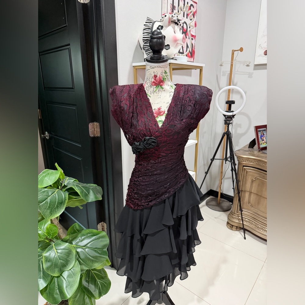 Red and Black Fringe Dress with Lace Trim